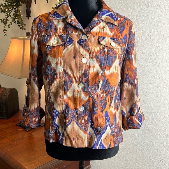 Ruby Rd. | Southwest Print Button Down Artsy Tab Sleeve Burnout Top | Size 12 P - Picture 1 of 11